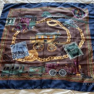 Celine Print Polyester Blend Scarf in Navy, Brown, Gold with Multicolor Accents